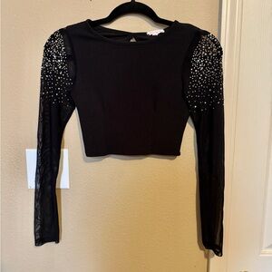 Black Long Sleeve Rhinestone Crop Top